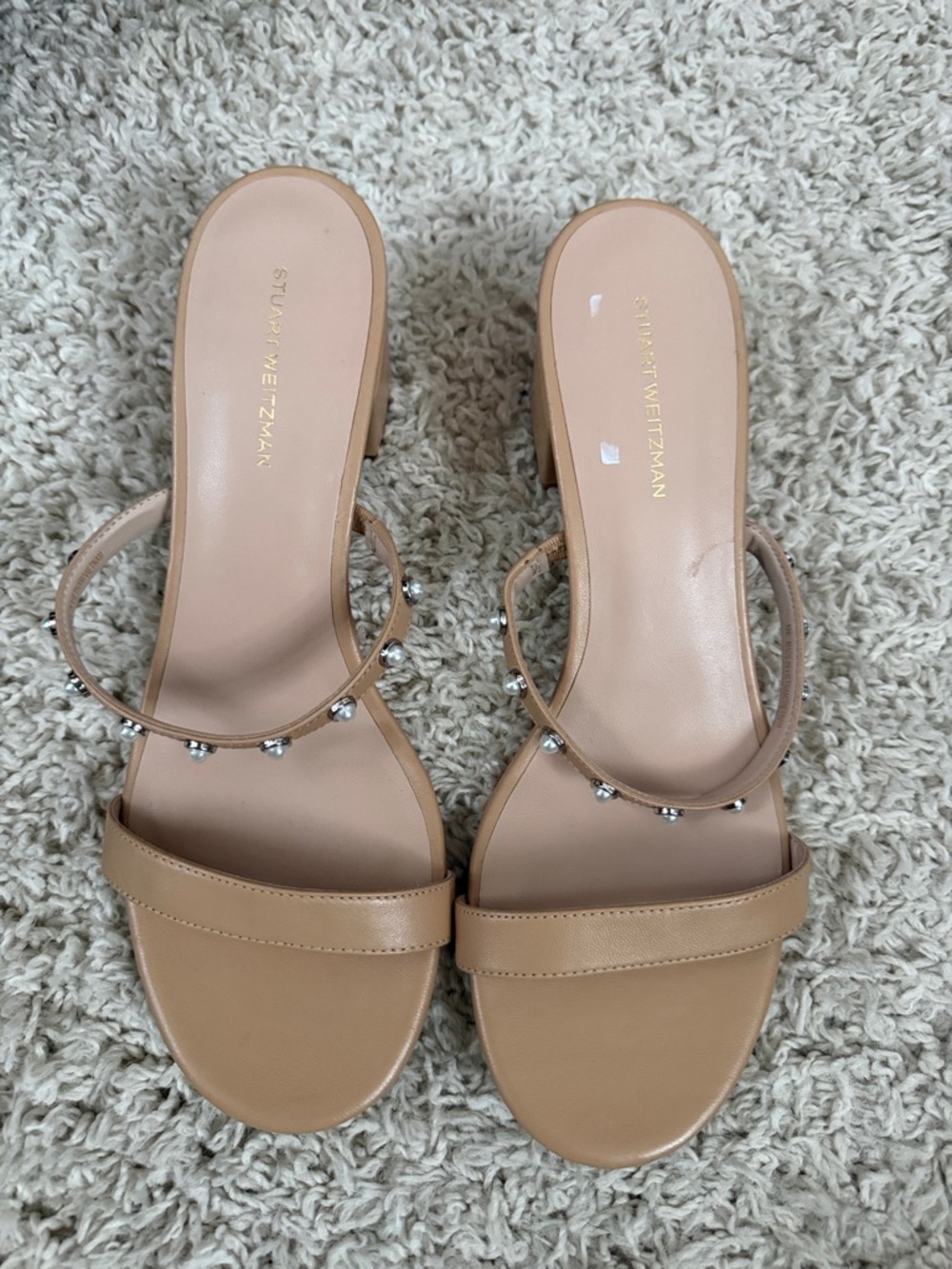 Stuart Weitzman Beige Pearl-Embellished Mule Sandals